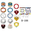 A collection of various metal battle spinning tops and related components.