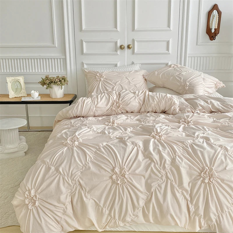 Beige Three-Dimensional Floral Duvet Cover Set