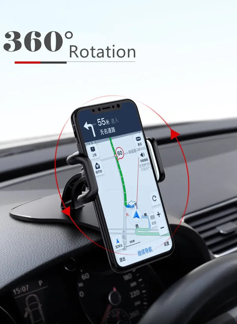A smartphone is mounted on a car dashboard, demonstrating 360° rotation capability for navigation.