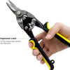 A hand holds a pair of black and yellow heavy-duty aviation snips for sheet metal cutting.