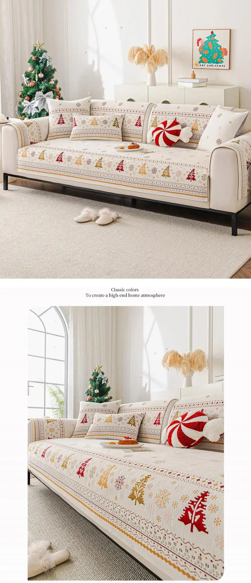A beige chenille sofa cover featuring a festive Christmas tree pattern with red and green accents.