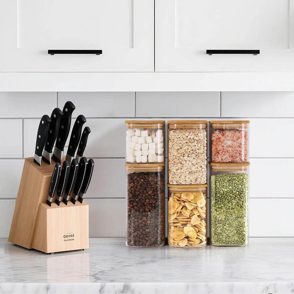 A collection of airtight glass storage canisters with bamboo lids filled with various grains and seeds on a marble countertop