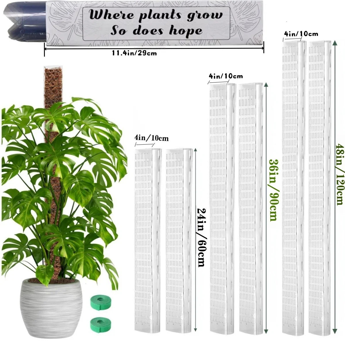 A set of white plastic plant moss poles for indoor plants with various heights and a label reading Where plants grow So does 