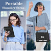 A woman demonstrates a portable shoulder strap accessory for an iPad in an outdoor setting.