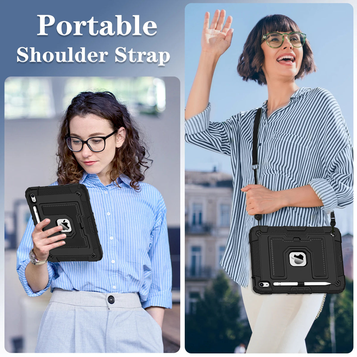 A woman demonstrates a portable shoulder strap accessory for an iPad in an outdoor setting.