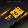A yellow Kodak MicroSD adapter card is shown on a black surface, illustrating the conversion from TF to SD card.