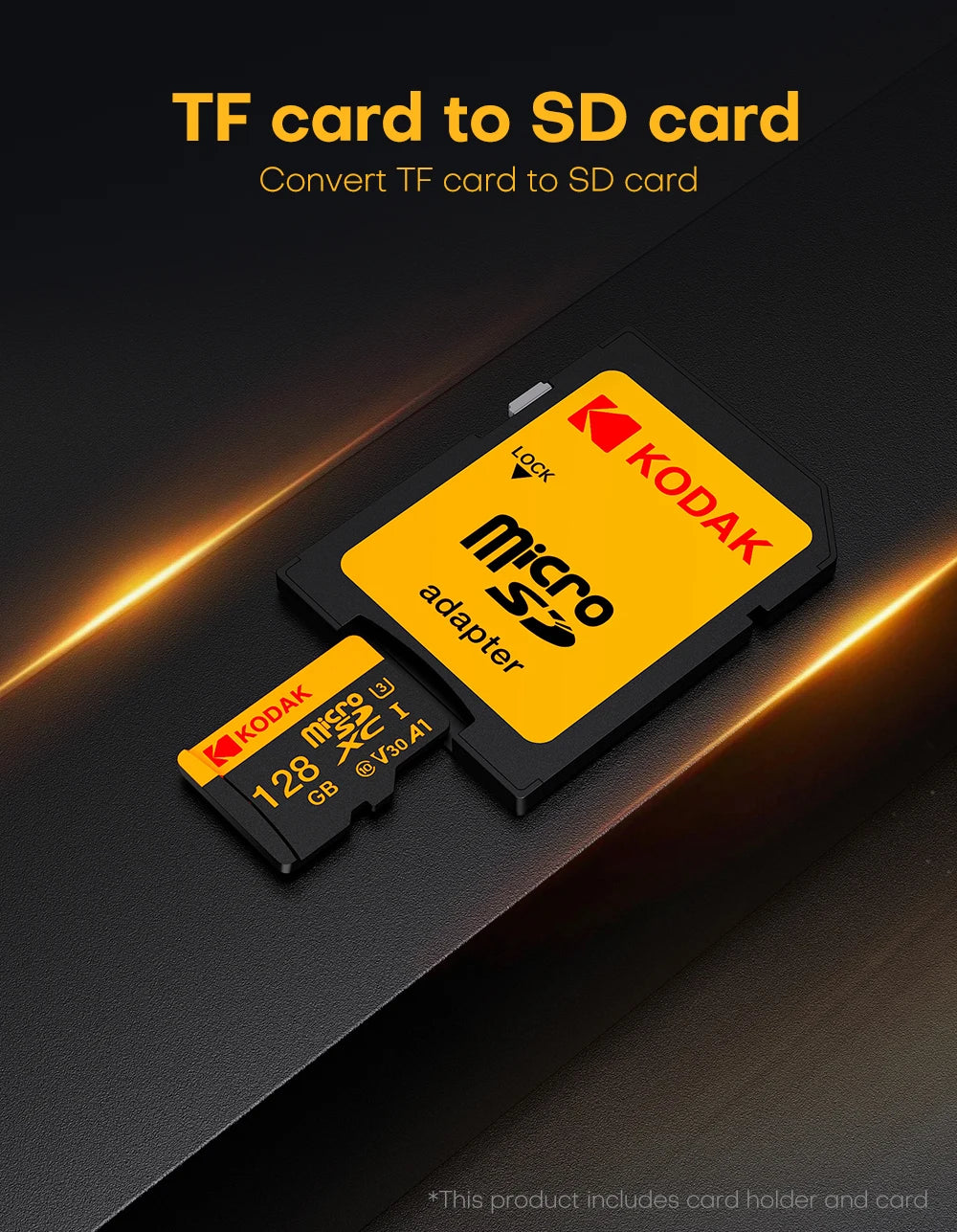 A yellow Kodak MicroSD adapter card is shown on a black surface, illustrating the conversion from TF to SD card.