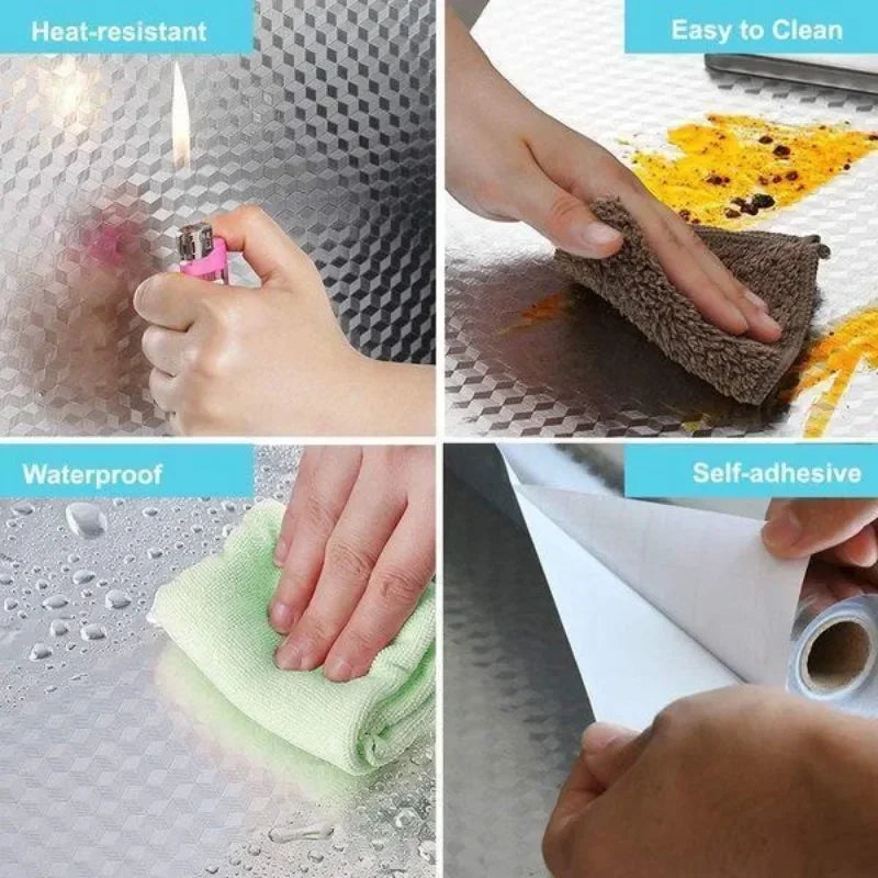 Demonstration of a heat-resistant, waterproof, and self-adhesive aluminum foil peel-and-stick kitchen backsplash wall sticker