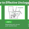 Three steps for effective unclogging using a toilet brush and plunger set.