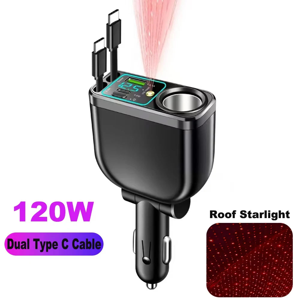 7-in-1 120W Car Charger with Retractable Cables and Digital Voltmeter