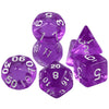 A set of seven transparent purple polyhedral dice used for tabletop role-playing games