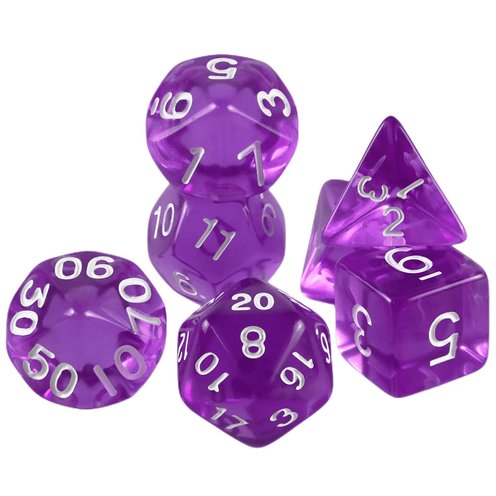 A set of seven transparent purple polyhedral dice used for tabletop role-playing games