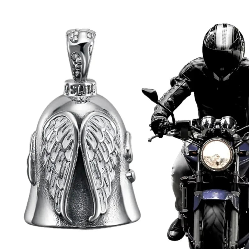 Campana de motocicleta con ángel guardián plateado y alas detalladas