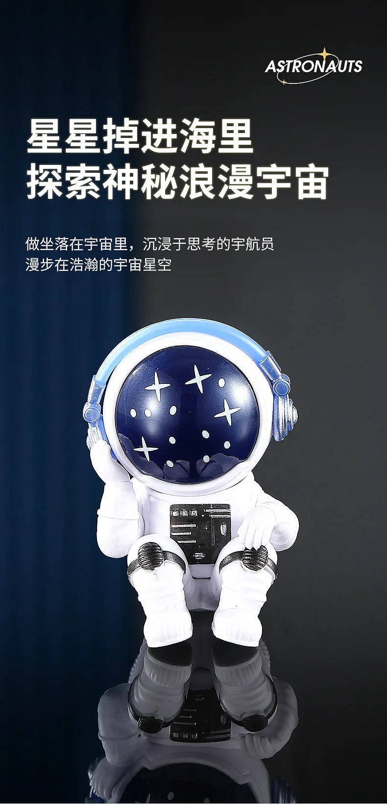 A white and blue handcrafted astronaut figurine resin spaceman desk decor.
