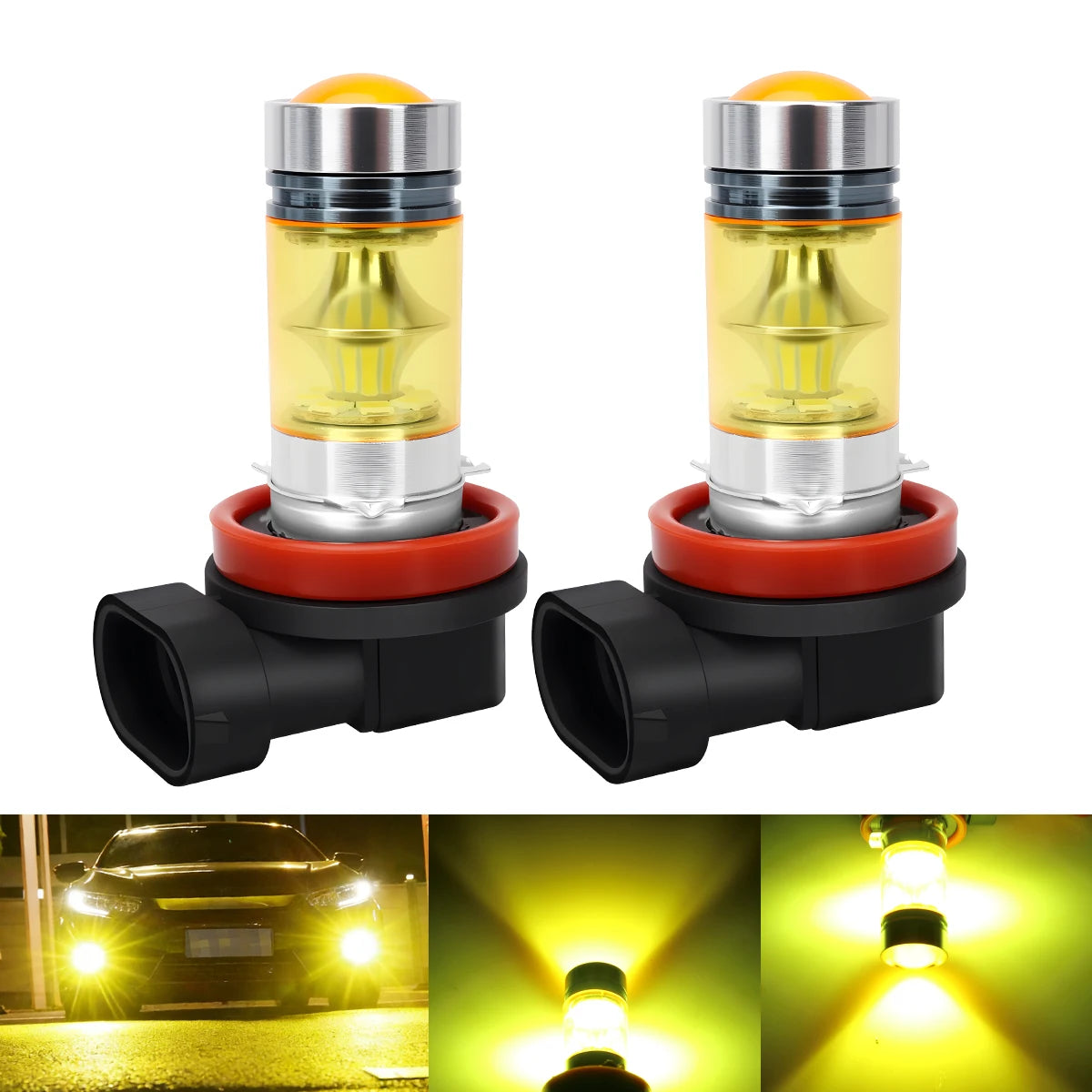Two H8/H11 super bright LED fog light bulbs shown with their base and a close-up of the light beam.
