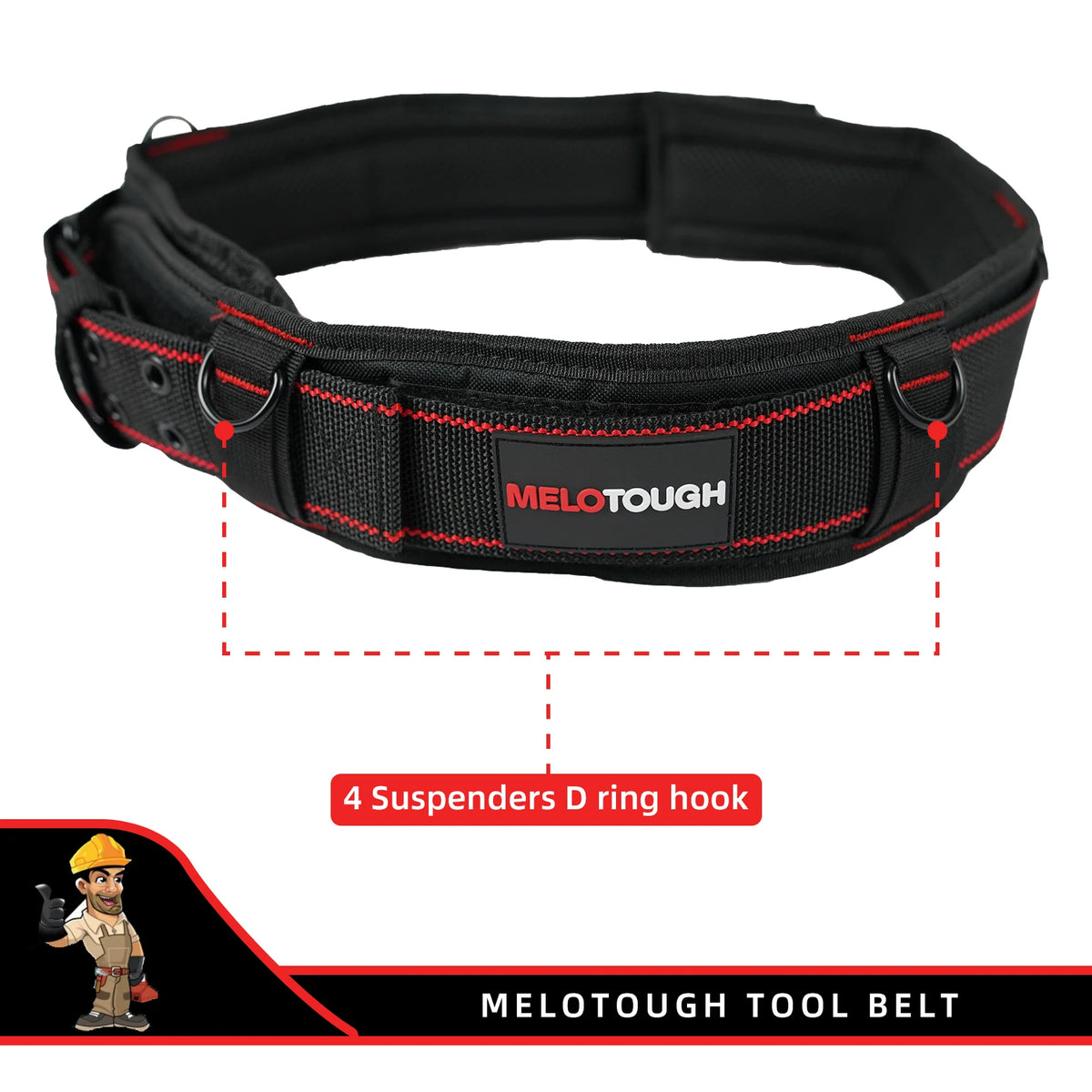 Black Melotough tool belt with four suspenders and D-ring hooks shown against a red background.