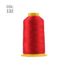 A spool of bright red polyester embroidery thread with a yellow core.
