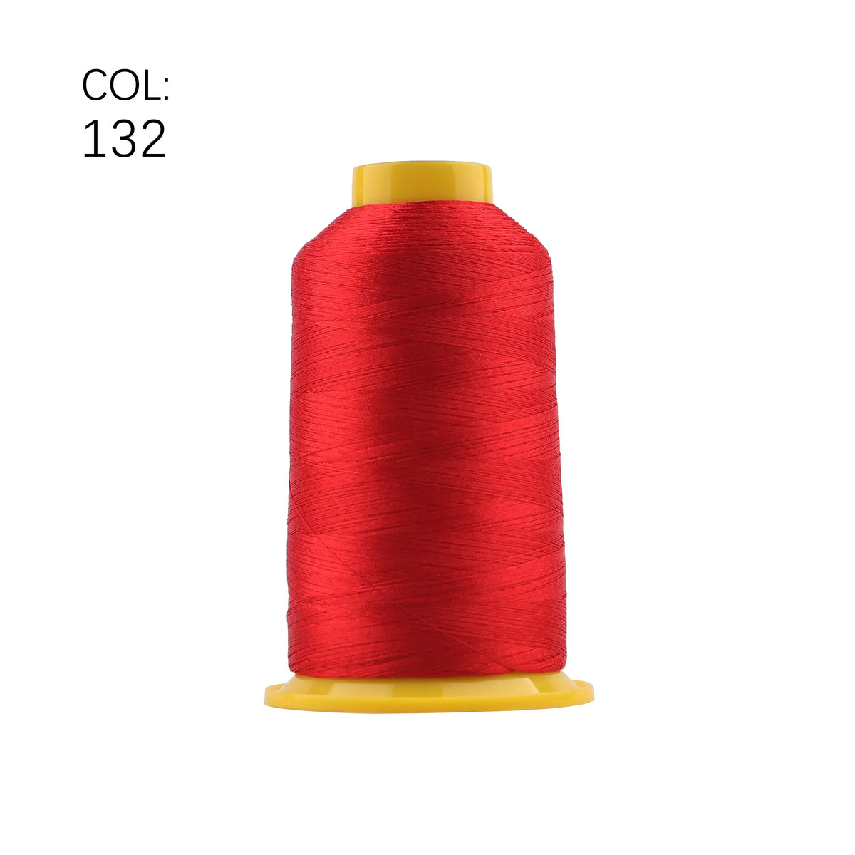 A spool of bright red polyester embroidery thread with a yellow core.