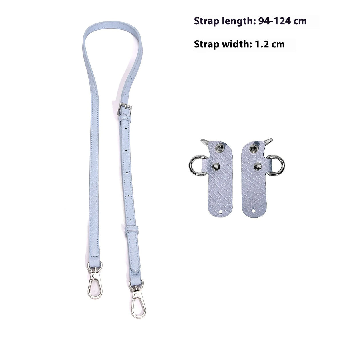 A set of light blue leather mini bag straps with alloy buckles and adjustable lengths.