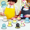 Un enfant avec divers jouets anti-stress colorés sur une table.