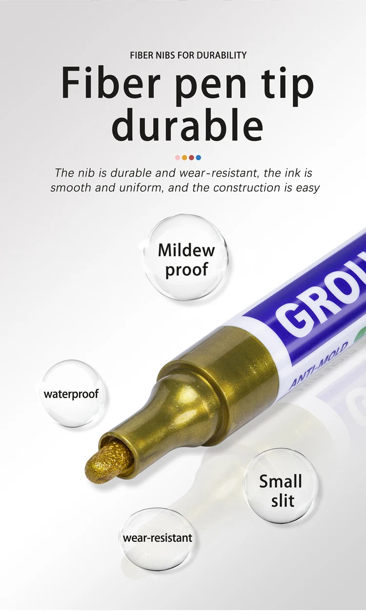 A close-up of a pen tip for durability showing features like mildew proof waterproof and wear-resistant construction.