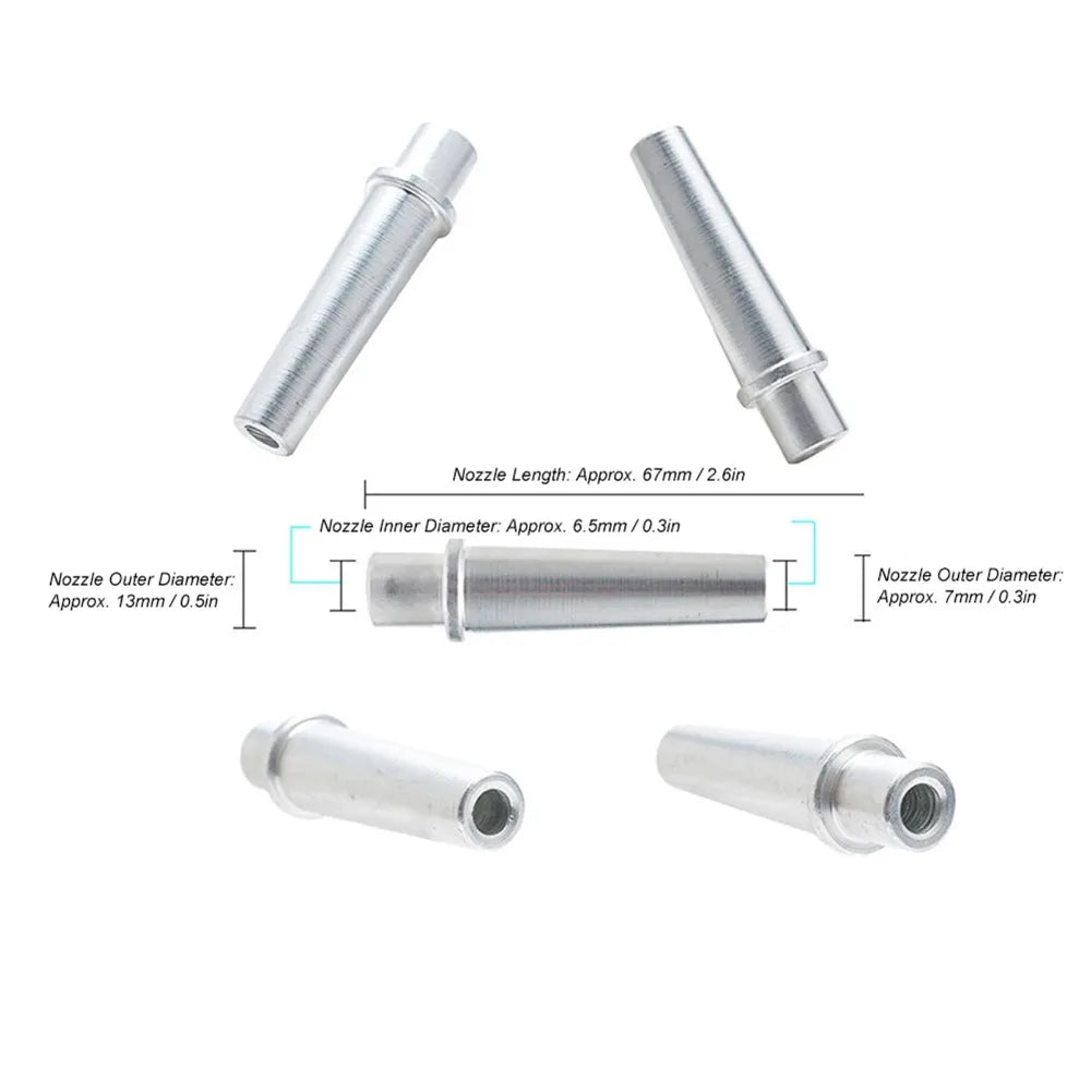 A silver handheld pneumatic sandblasting nozzle and related components shown with dimension lines.