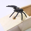 A black spider is positioned on a light wooden box, suggesting a surprise or prank item.