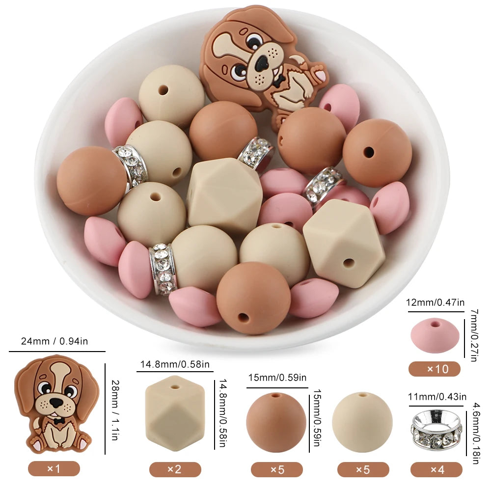 A collection of brown and pink silicone focal beads shaped like cartoon animals for jewelry making.