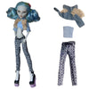 A fashion doll outfit featuring a blue wig, denim top, and black patterned pants with pink shoes.