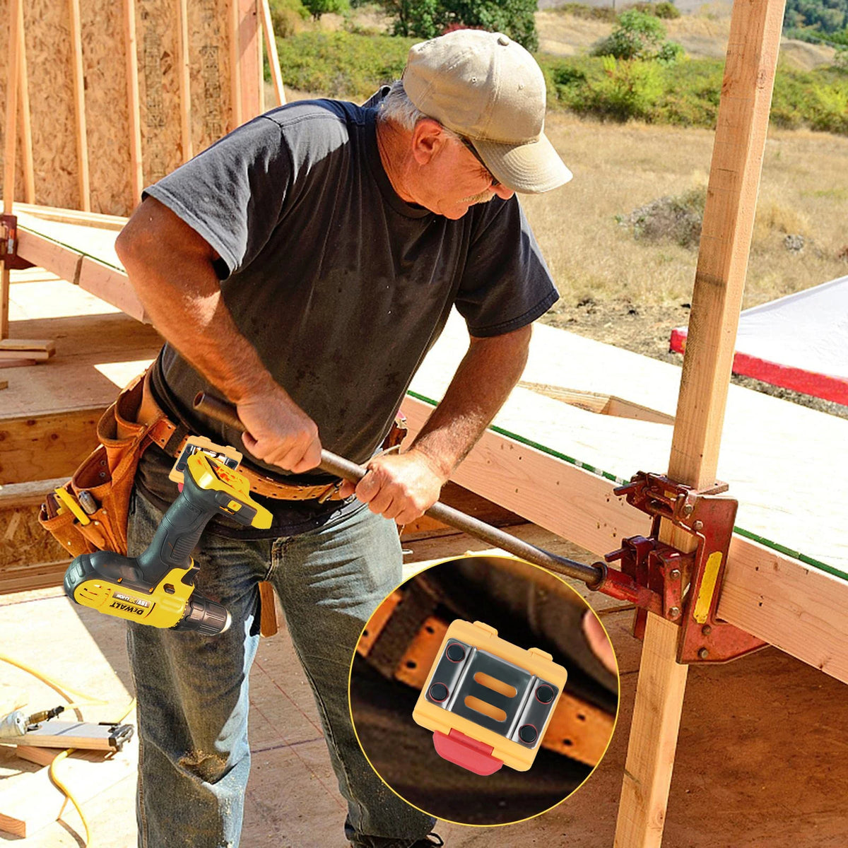 A man is using a yellow power tool to attach a clip-on tape measure holder onto wooden framing.