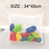 White mesh bag filled with colorful cartoon duck bath toys suspended by suction cups