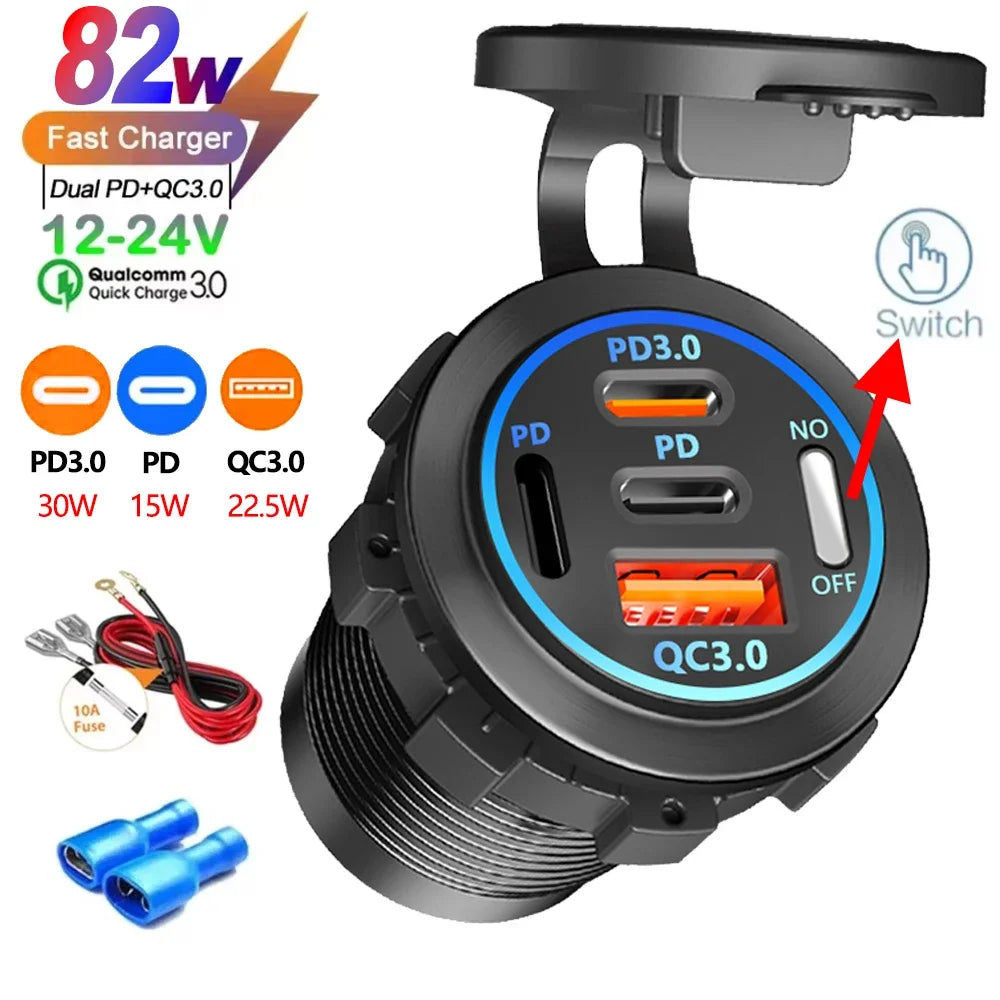 A black car charger with multiple ports and an LED display showing power information.