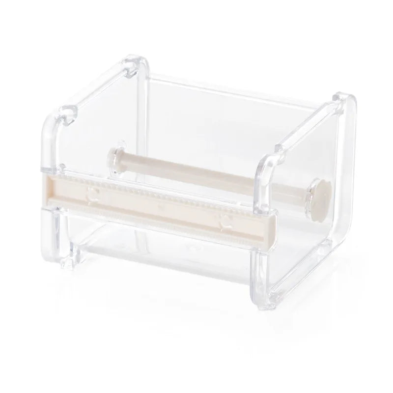 Clear plastic storage box for a creative washi tape cutter with a measuring ruler.