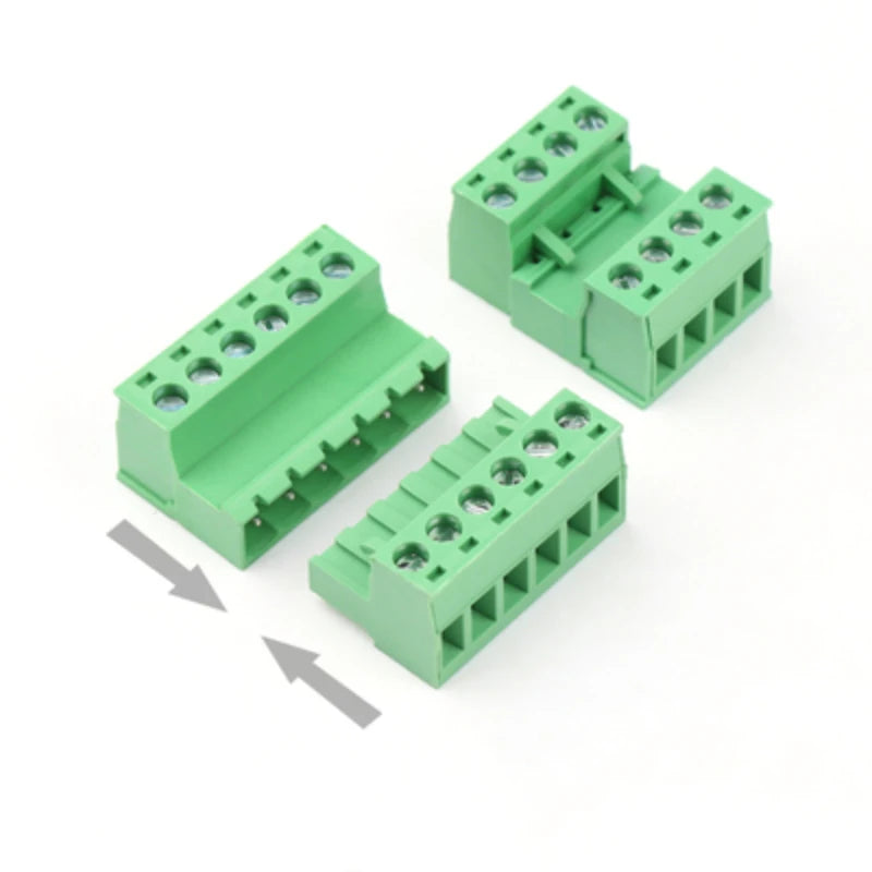 A green solderless screw terminal block connector with multiple screw terminals and a PCB plug-in.
