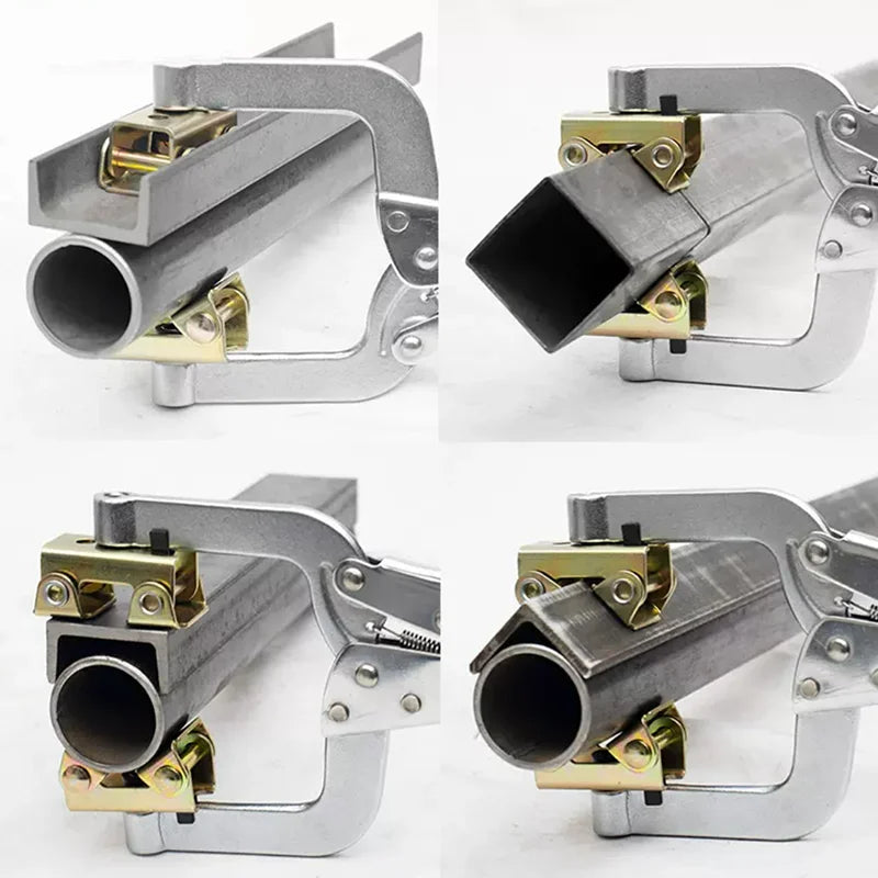 A set of heavy-duty welding pipe clamp pliers used for round tube butt joints, shown in various angles.