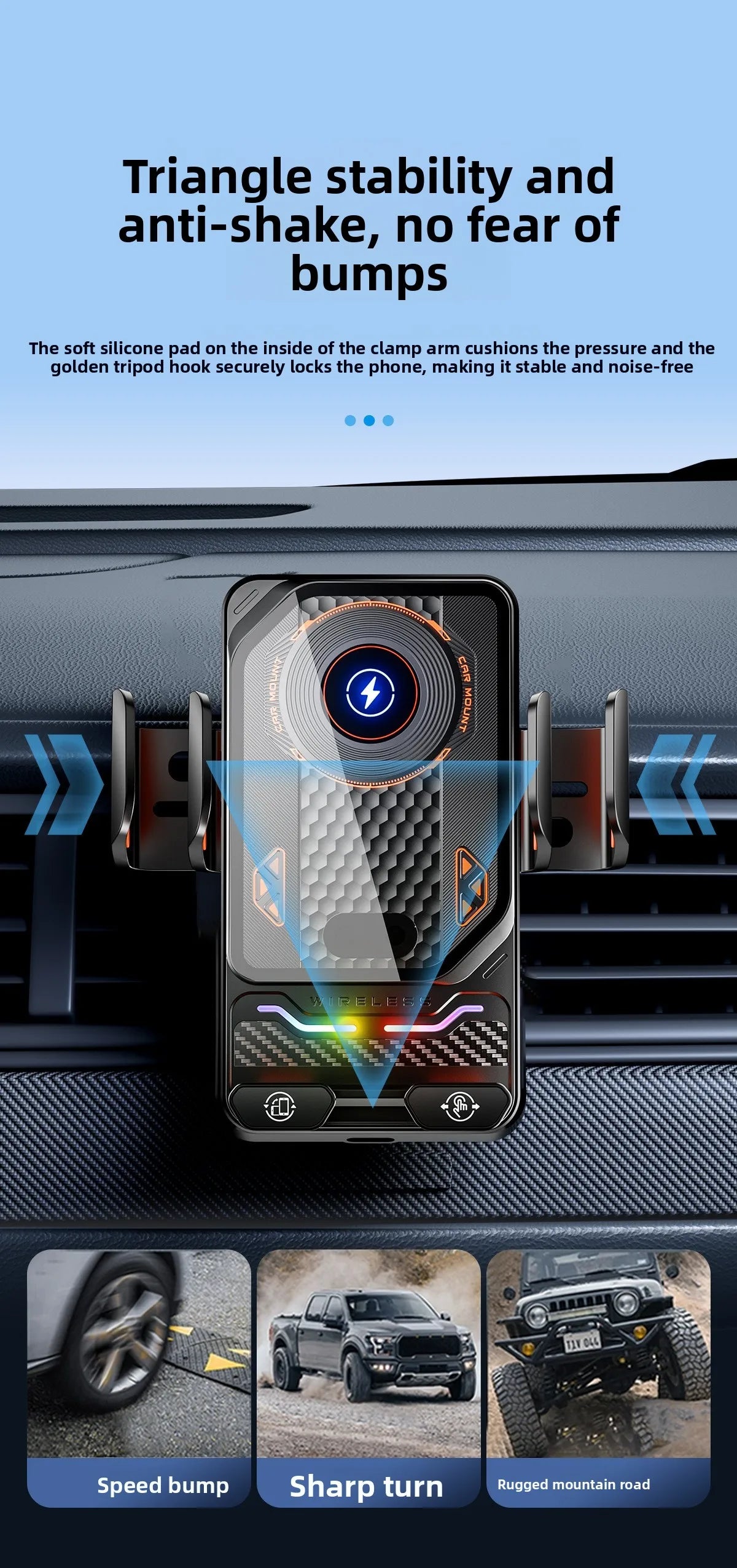 A close-up of a black car phone holder clamp securing a smartphone, demonstrating triangle stability and anti-shake features.