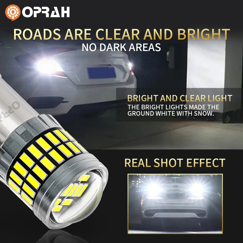 A close-up of a bright LED turn signal and reverse light bulb showing a clear, white light effect.