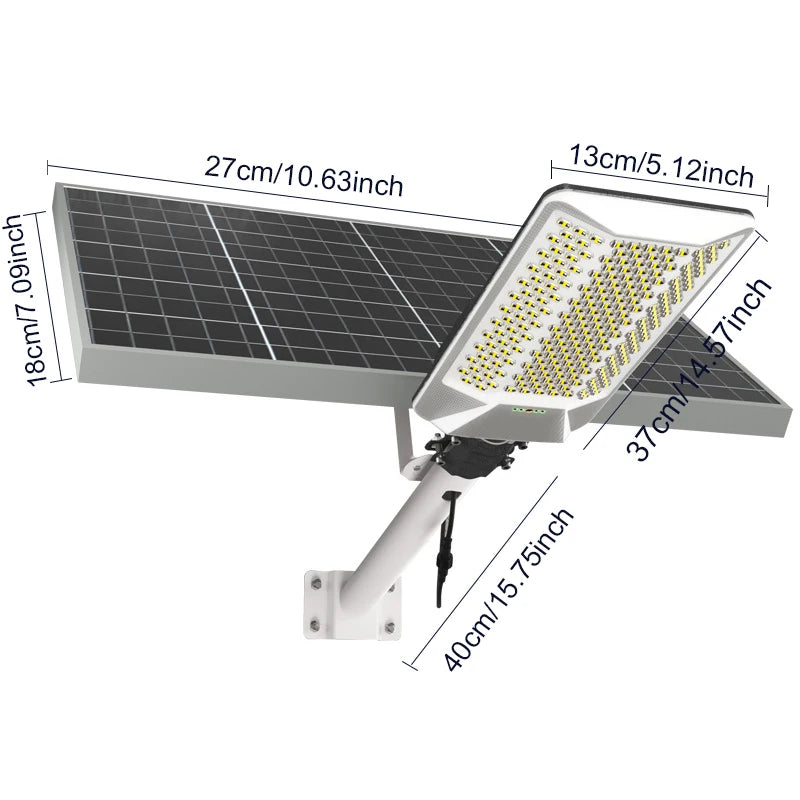A solar street light assembly showing the solar panel, light fixture, and mounting arm with various dimensions.