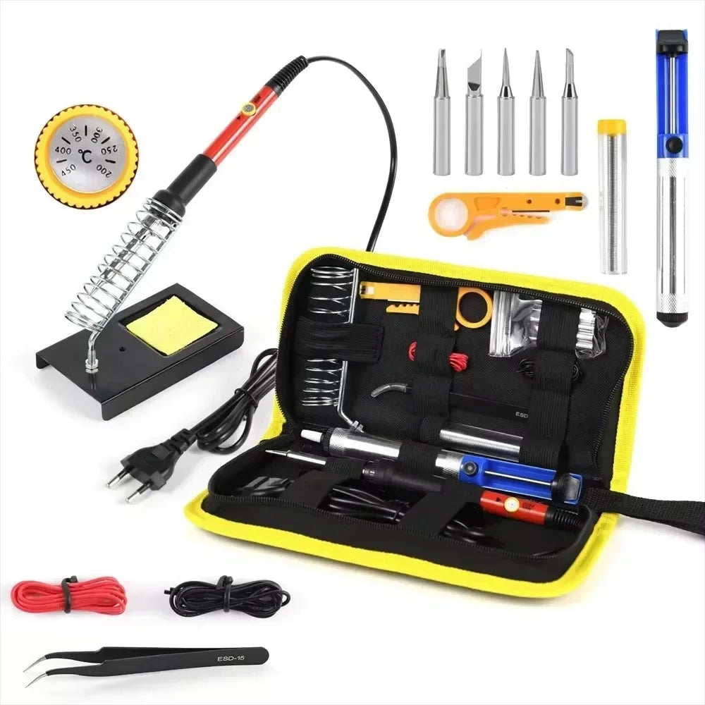 A yellow soldering iron kit includes a soldering iron, multimeter, and five extra tips.