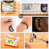 Various magnetic stickers and decorative items including a jar, small containers, and jewelry displayed on a wooden surface.