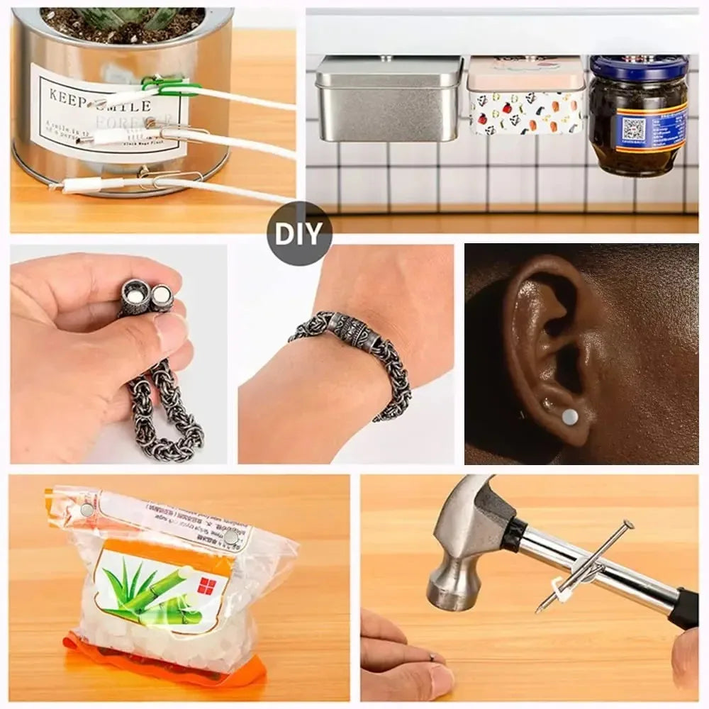 Various magnetic stickers and decorative items including a jar, small containers, and jewelry displayed on a wooden surface.