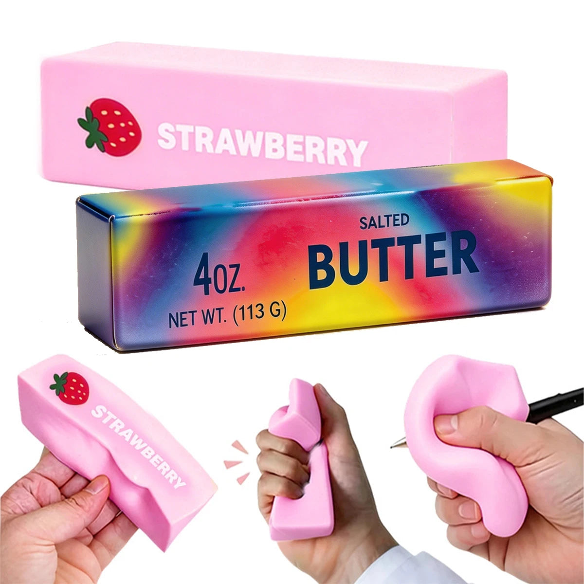 Pink squishy butter fidget toys in various packaging and hands