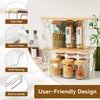 Stackable clear pantry storage bins with bamboo lids shown with various food items and features