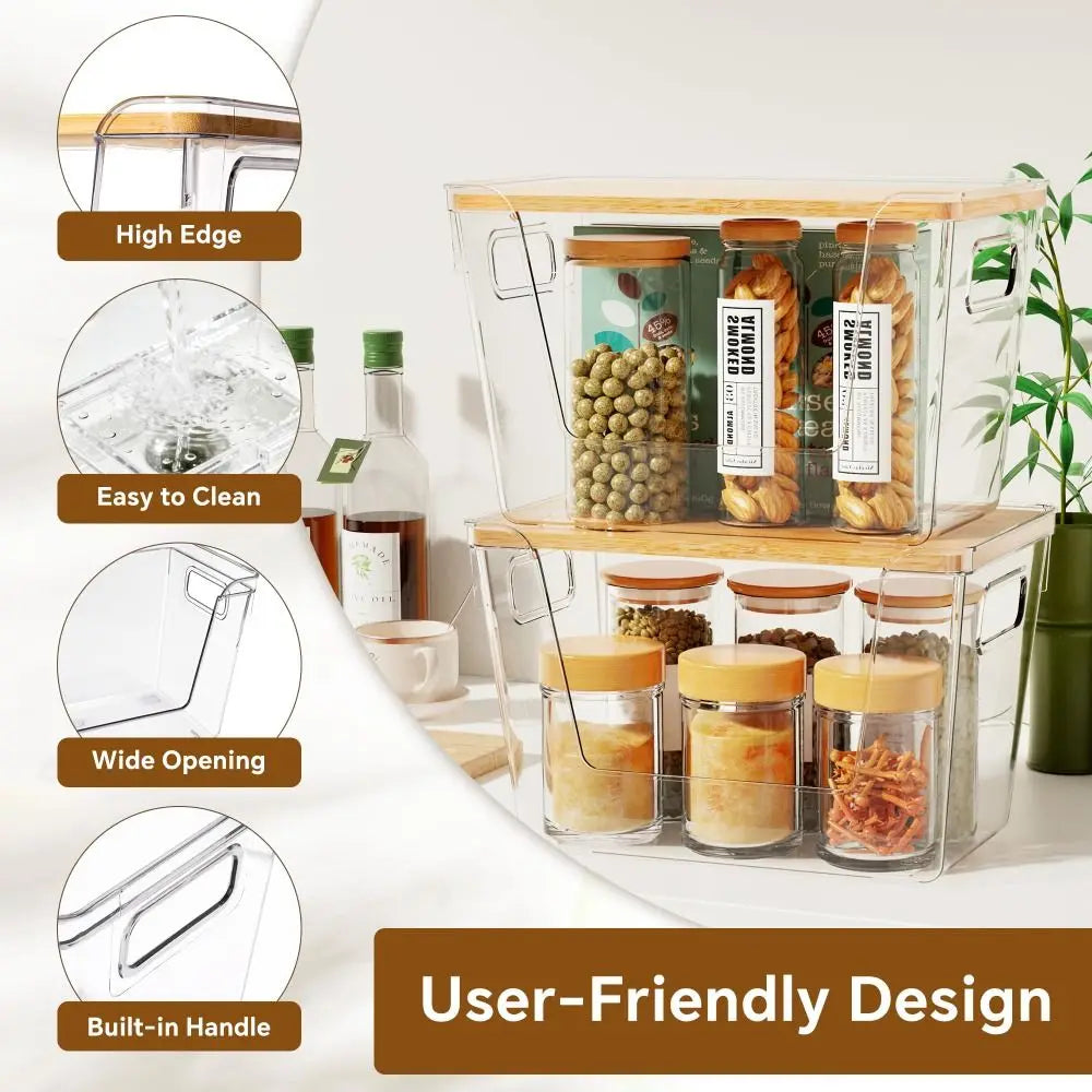 Stackable clear pantry storage bins with bamboo lids shown with various food items and features