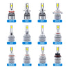 A collection of various COB LED headlight bulbs labeled H1, H3, H4, H7, and H11, including 880, 9012, and 9004-9007 models.