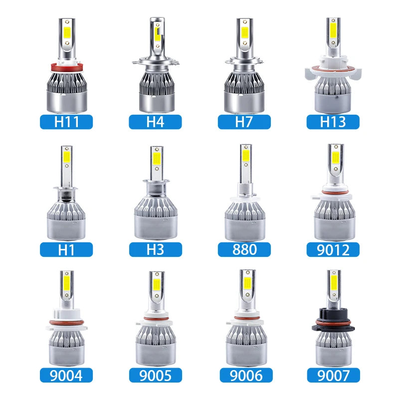 A collection of various COB LED headlight bulbs labeled H1, H3, H4, H7, and H11, including 880, 9012, and 9004-9007 models.