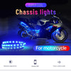 A motorcycle is shown with blue LED lights installed on the chassis, demonstrating super cool lighting features.