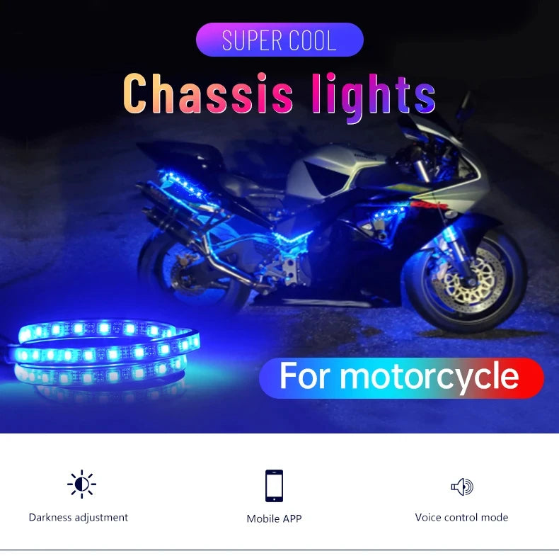 A motorcycle is shown with blue LED lights installed on the chassis, demonstrating super cool lighting features.