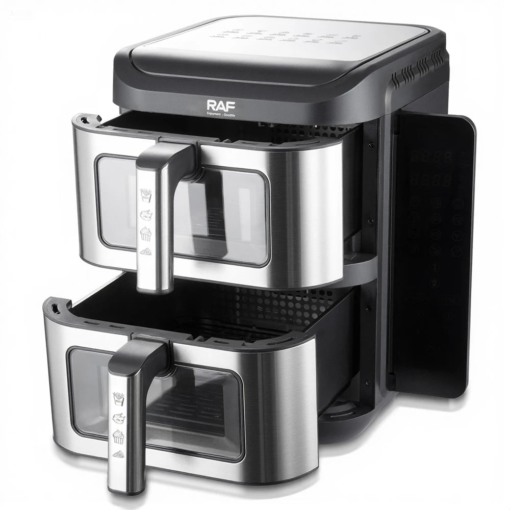 A silver and black dual basket air fryer with independent controls shown from the top view.
