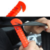 An orange emergency escape hammer is shown being used to cut a seatbelt, demonstrating its function.